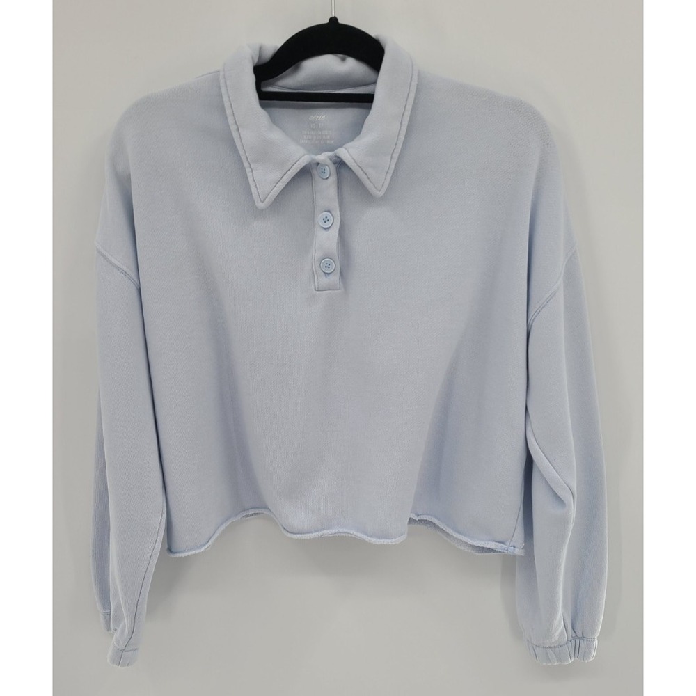 Aerie Oversized Boxy Sweatshirt Size XS Fleece‎ Preppy Blue Collar Long Sleeves